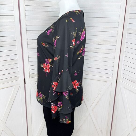 Worthington Floral Tiered Ruffle Bell Sleeve Blouse Black Pink Large - Picture 2 of 12